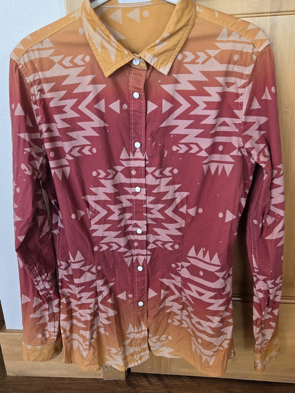 Women's Red & Orange Southwest Geometric Button-Up Shirt With Retro Cowboy Back